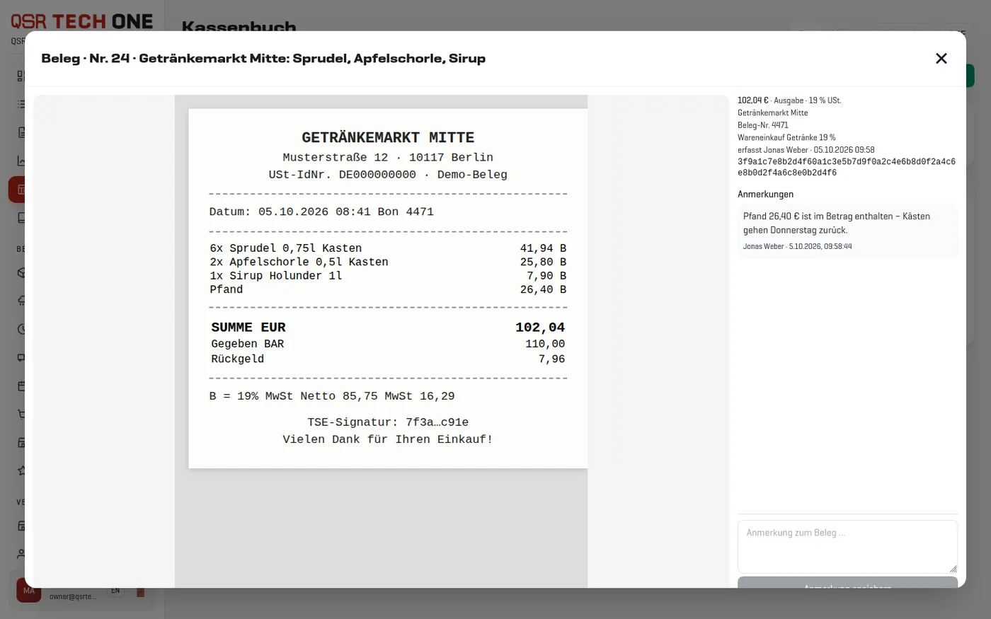 Backoffice: Belegansicht mit gescanntem Kassenbon, Prüfsumme und Anmerkungen