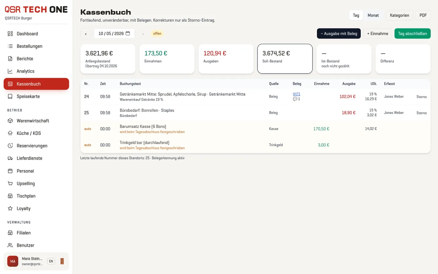 Backoffice: Kassenbuch-Tagesblatt mit automatischem Barumsatz, Ausgaben mit Beleg und Soll-Bestand