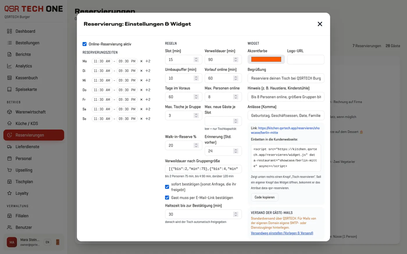 Backoffice: Einstellungen, Widget-Code und Reserve with Google