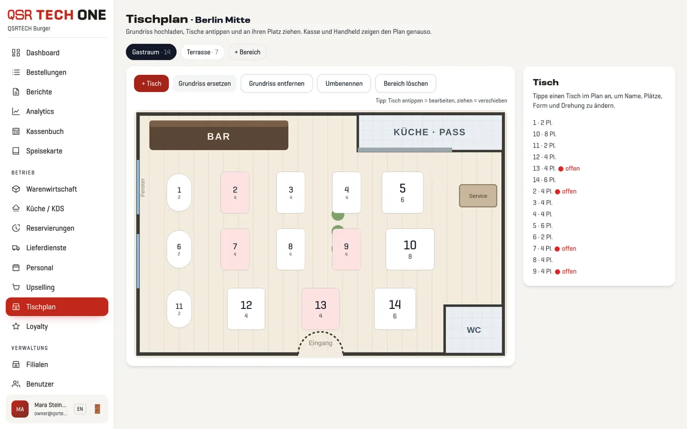Backoffice: Tischplan-Editor mit Grundriss