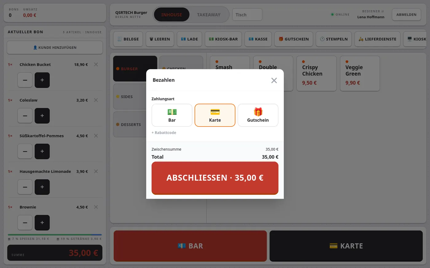 Kasse: Zahlungsdialog