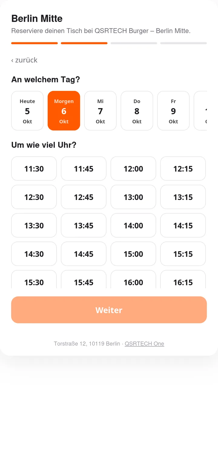 Reservierungs-Widget auf dem Handy: Tag und Uhrzeit wählen